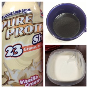 The lovely liquids... vanilla cream protein shake, beef broth and plain yogurt. Yum!