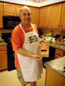 Rocking my new apron and lovely piece of fish.